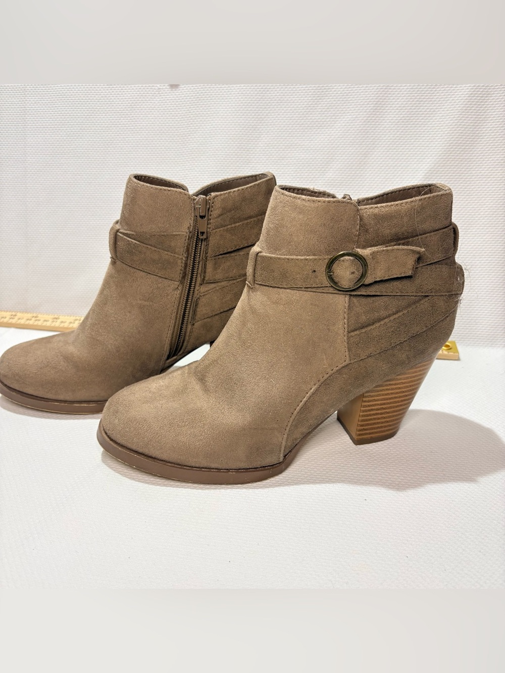 JustFab Taupe Suede Ankle Booties with Stacked Heel and Buckle Detail